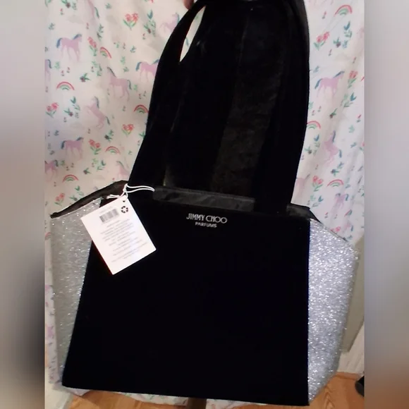 NWT Jimmy Choo Black Velvet & Silver Sparkle Travel Cosmetic Beauty Tote Bag - Picture 2 of 8